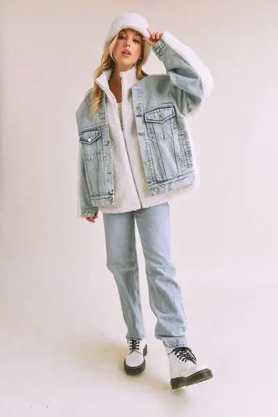 Loose Fit Sherpa Denim Jacket - DAVERRI FASHIONS
