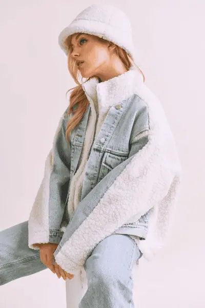 Loose Fit Sherpa Denim Jacket - DAVERRI FASHIONS