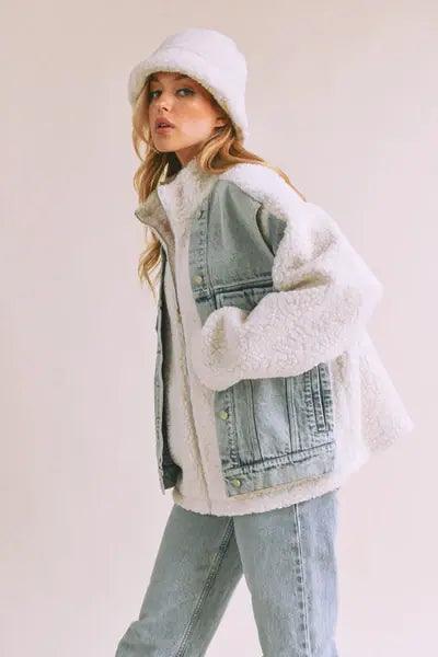 Loose Fit Sherpa Denim Jacket - DAVERRI FASHIONS