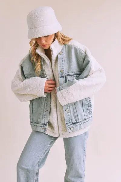 Loose Fit Sherpa Denim Jacket - DAVERRI FASHIONS