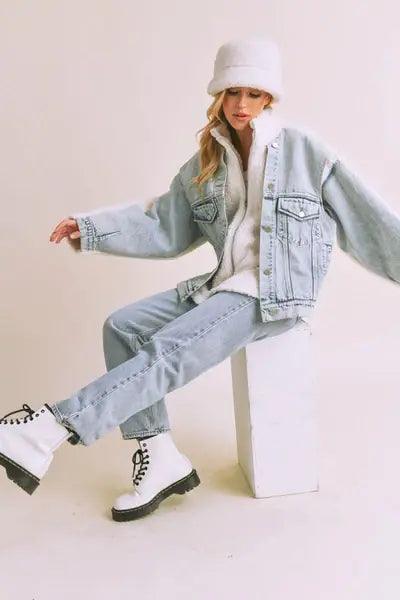 Loose Fit Sherpa Denim Jacket - DAVERRI FASHIONS