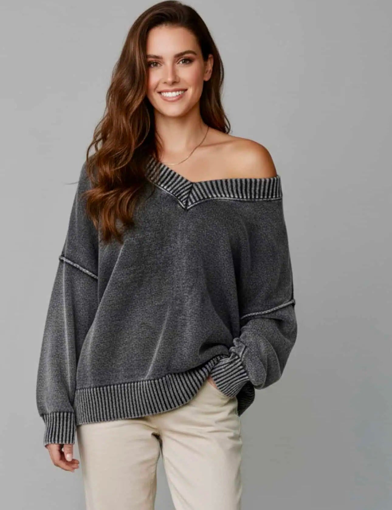 Charcoal gray off-the-shoulder washed cotton drop shoulder V-neck sweater