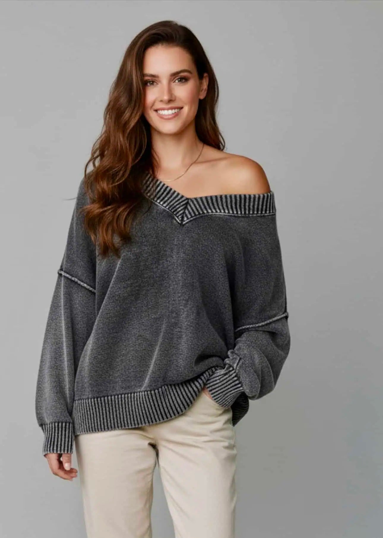 Charcoal gray off-the-shoulder washed cotton drop shoulder V-neck sweater