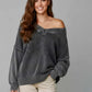 Washed Cotton Drop Shoulder V-Neck Long Sleeve Sweater - DAVERRI FASHIONS