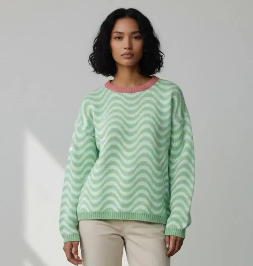Mint green wavy striped round neck ribbed knit sweater