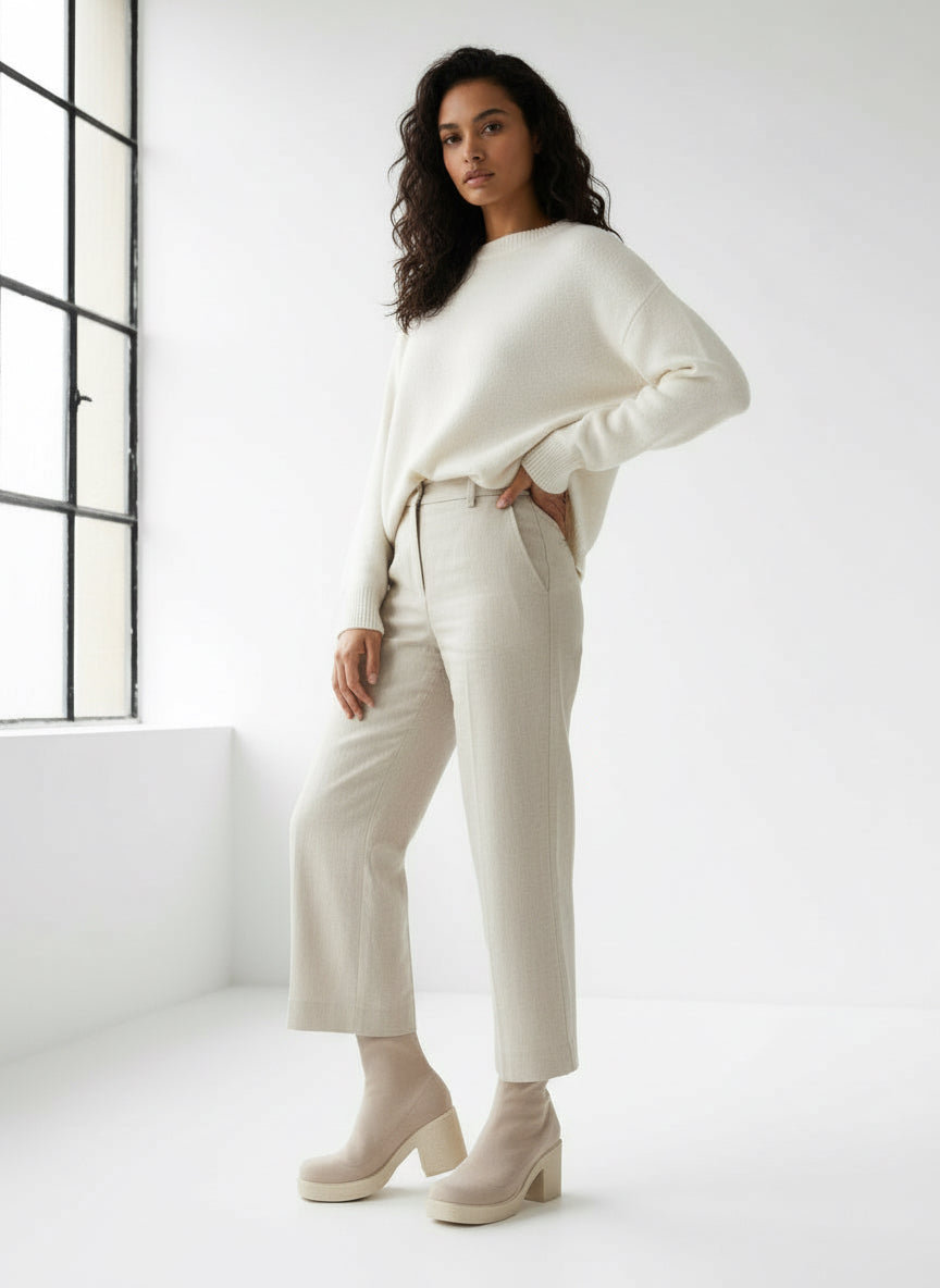 Cream cashmere sweater set with wide sleeves and cropped pants in Chunky Platform Sock Bootie
