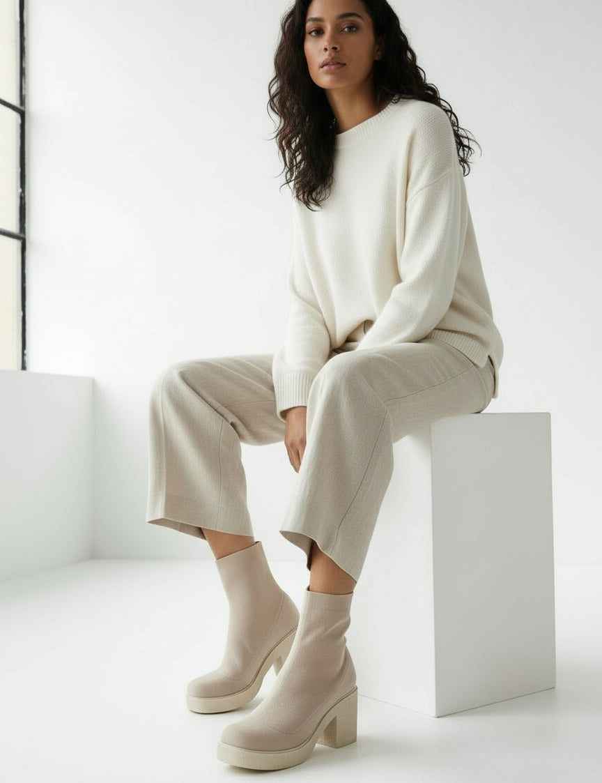 Cream-colored chunky heel suede platform sock bootie