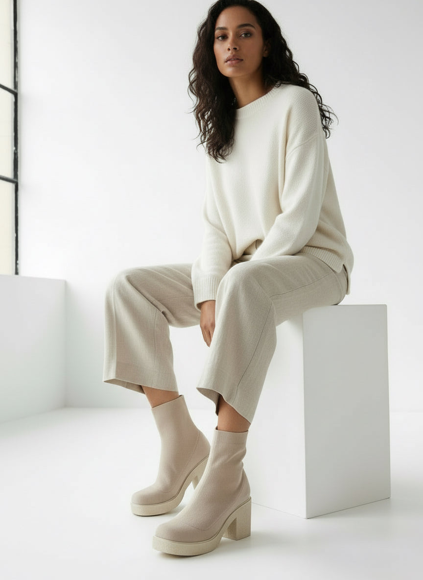 Cream-colored chunky heel suede platform sock bootie