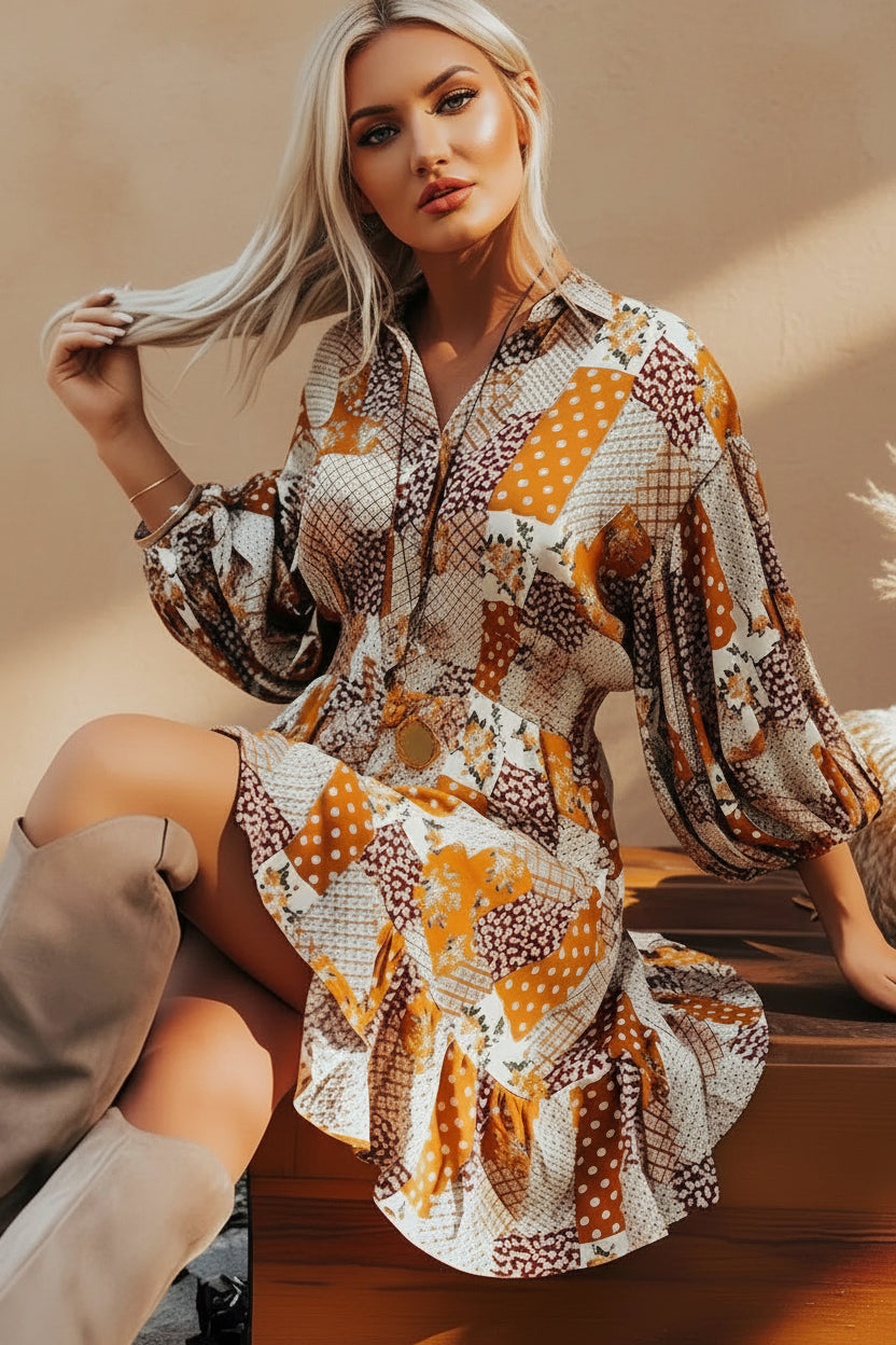 Daverri Fashions Printed Collared Neck Three-Quarter Sleeve Mini Shirt Dress