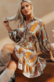 Daverri Fashions Printed Collared Neck Three-Quarter Sleeve Mini Shirt Dress