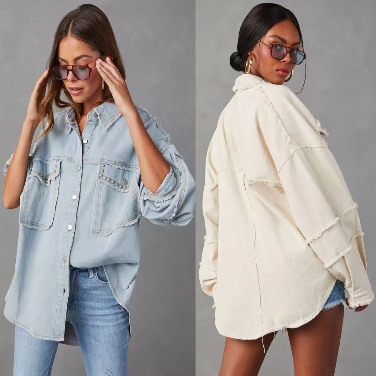 Button Down Raw Hem Denim Jacket | Denim Jackets Daverri Fashions