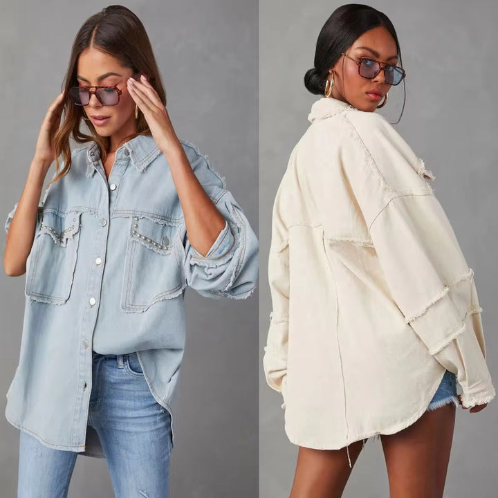 Button Down Raw Hem Denim Jacket