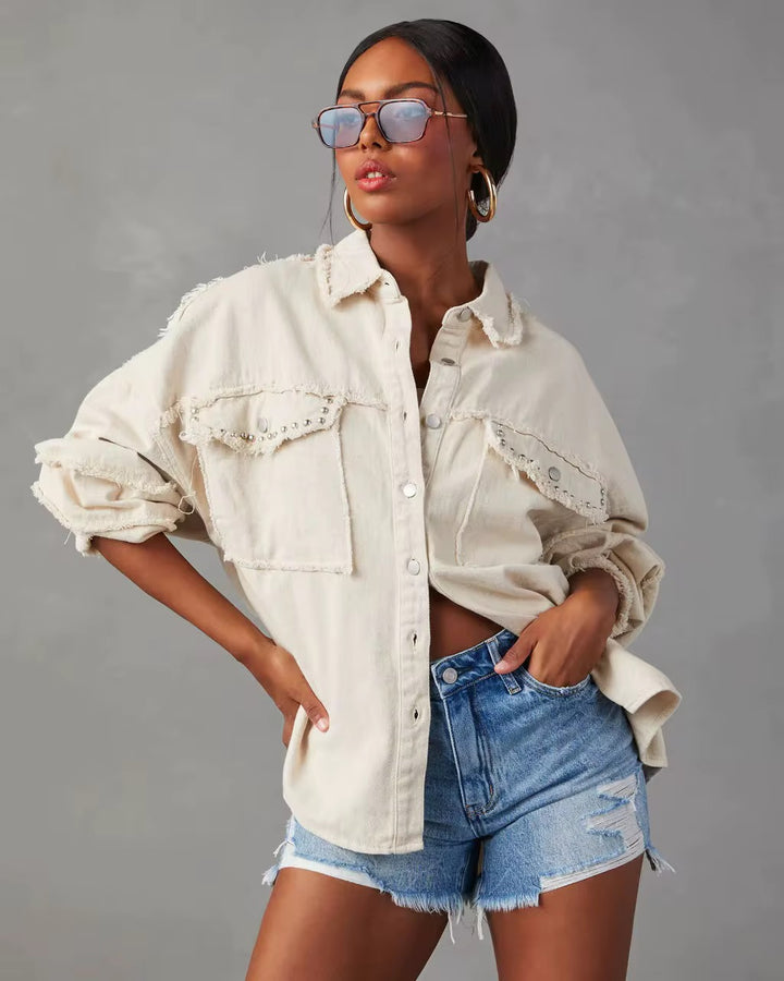 Button Down Raw Hem Denim Jacket