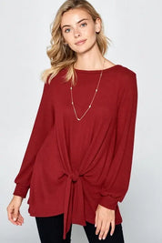 Full Size Round Neck Knot Front Hacci Blouse Tops