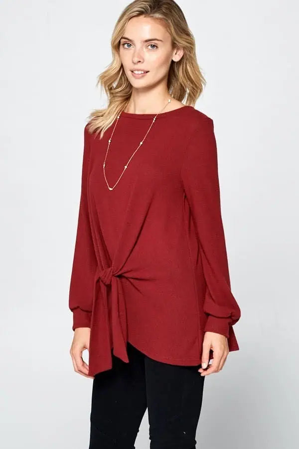 Full Size Round Neck Knot Front Hacci Blouse Tops