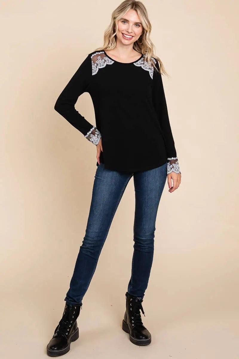 Lace Detail Round Neck T-Shirt Tops