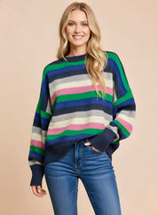 Rainbow Striped Crew Neck Drop Shoulder Sweater