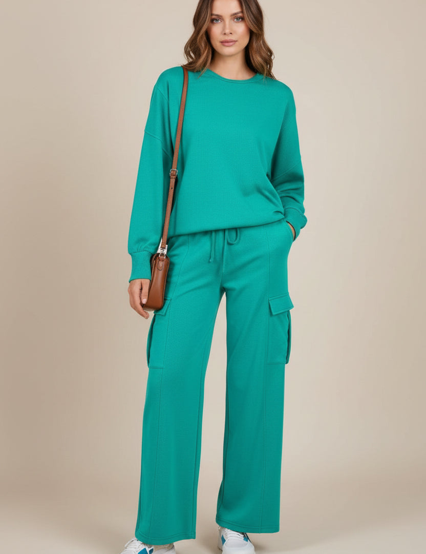 Teal cargo sweatpants with pockets in drawstring set