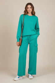 Teal cargo sweatpants with pockets in drawstring set