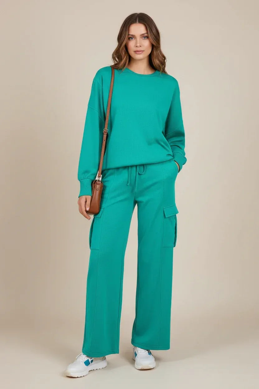 Daverri Fashions Full Size Round Neck Long Sleeve Top and Drawstring Pants Set - DAVERRI FASHIONS