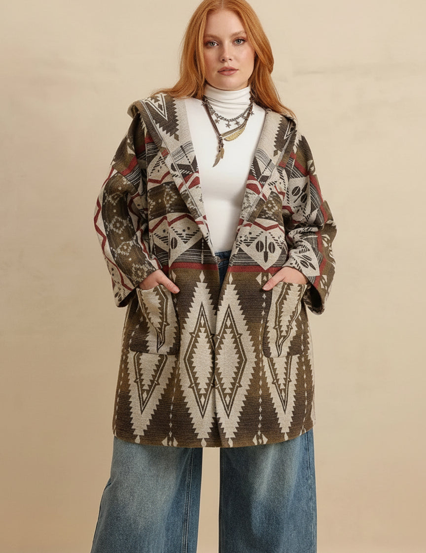Plus size Aztec print hooded open front cardigan in olive green and cream
