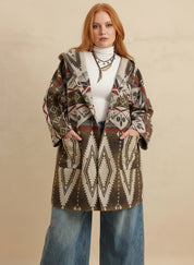 Plus size Aztec print hooded open front cardigan in olive green and cream