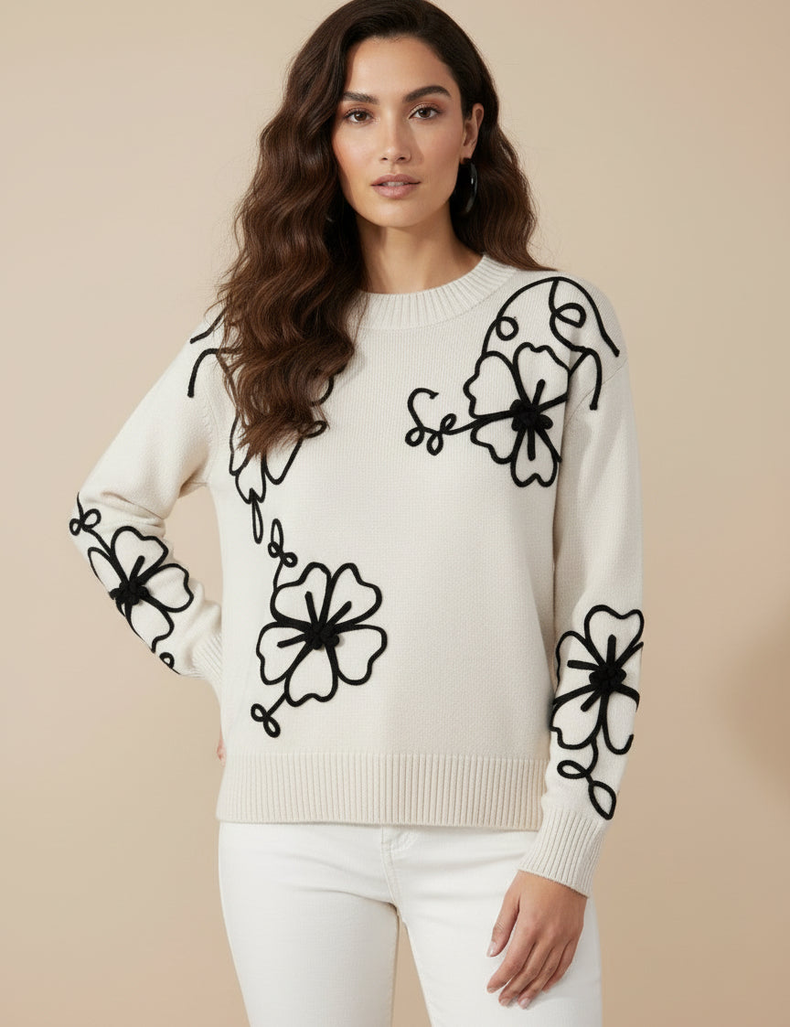 Cream Flower Stitching Mock Neck Sweater with Black Floral Embroidery