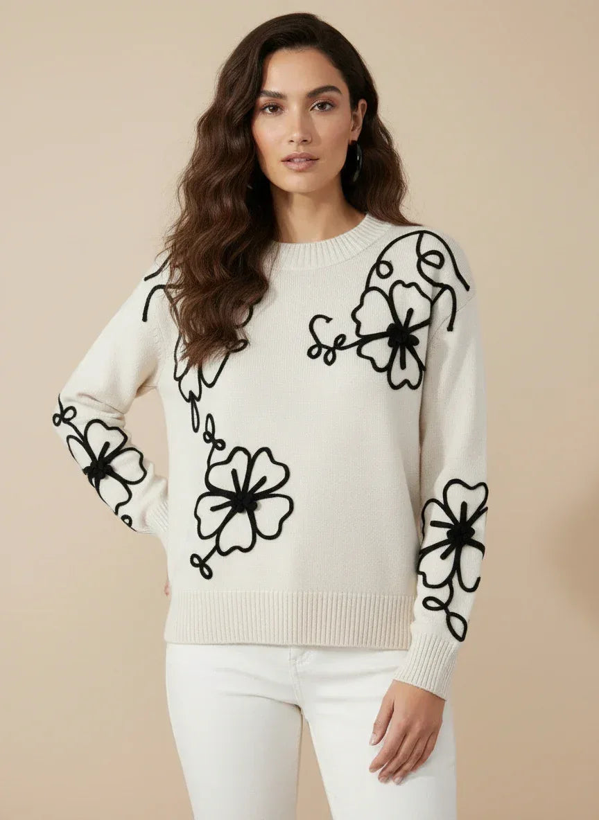 Daverri Fashions Flower Stitching Mock Neck Sweater - DAVERRI FASHIONS