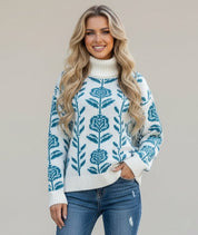 Daverri Fashions Flower Turtleneck Long Sleeve Sweater