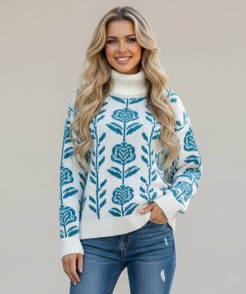 Daverri Fashions Flower Turtleneck Long Sleeve Sweater
