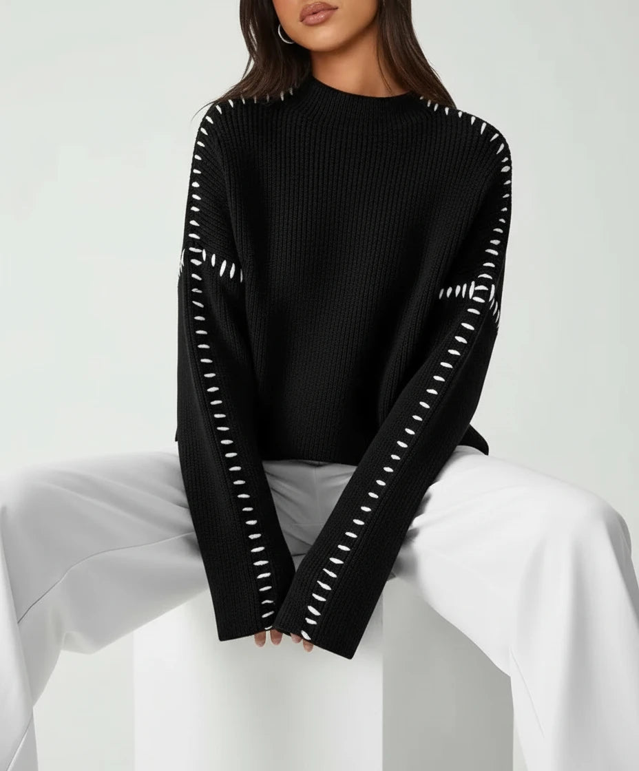 Daverri Fashions Contrast Mock Neck Long Sleeve Sweater