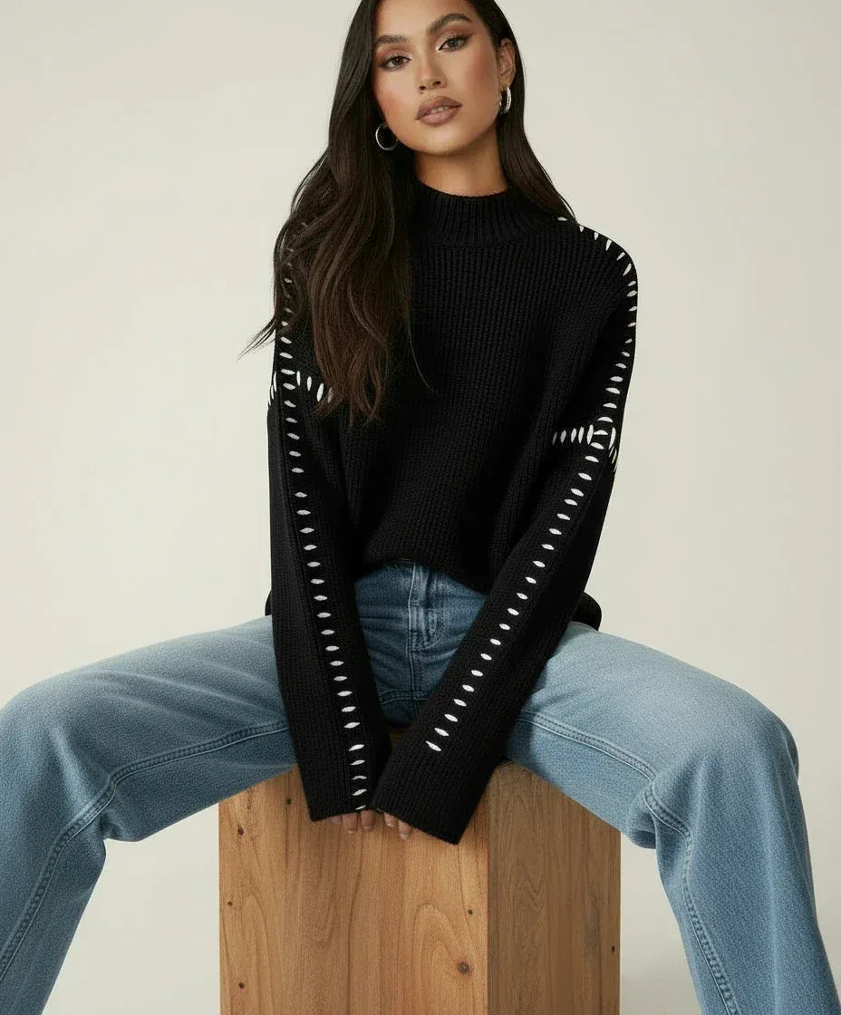 Daverri Fashions black zip-up oversized mock neck sweater with jeans