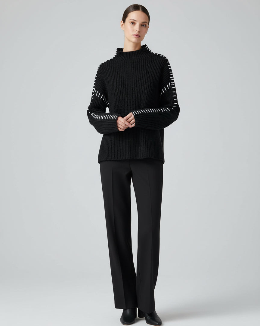 Daverri Fashions Contrast Mock Neck Long Sleeve Sweater