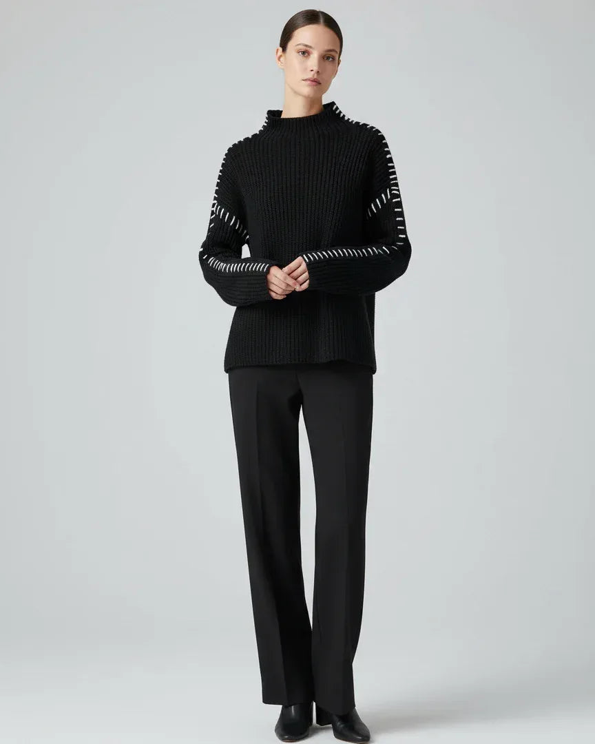 Daverri Fashions black ribbed wool sweater with white sleeve stripes