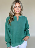 Green velvet notched drop shoulder long sleeve sweatshirt