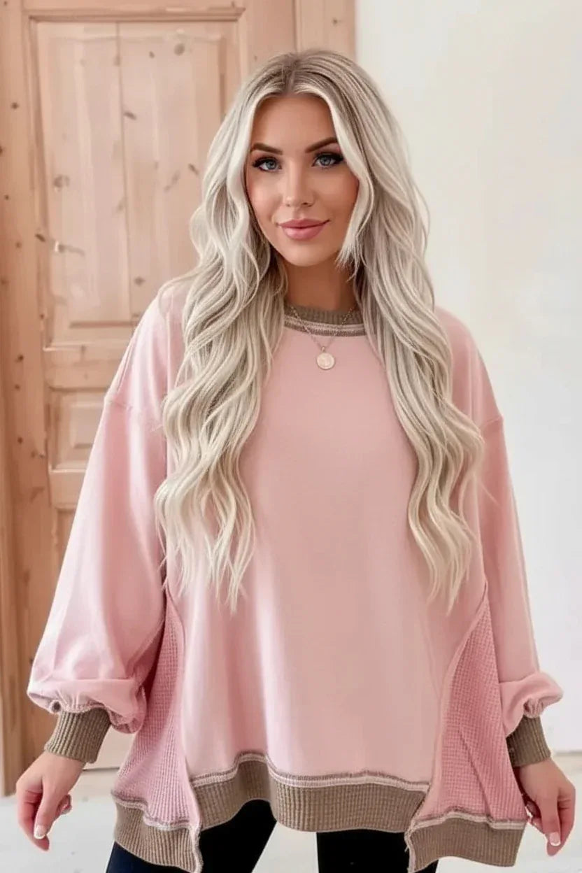 Pink Color Block Waffle Patchwork Oversized Sweatshirt with Beige Trim