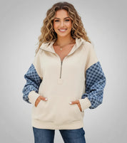 Daverri Fashions Checkered Color Block Half Zip Sweatshirt