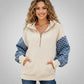 Beige and blue checkered color block half zip hoodie with pockets