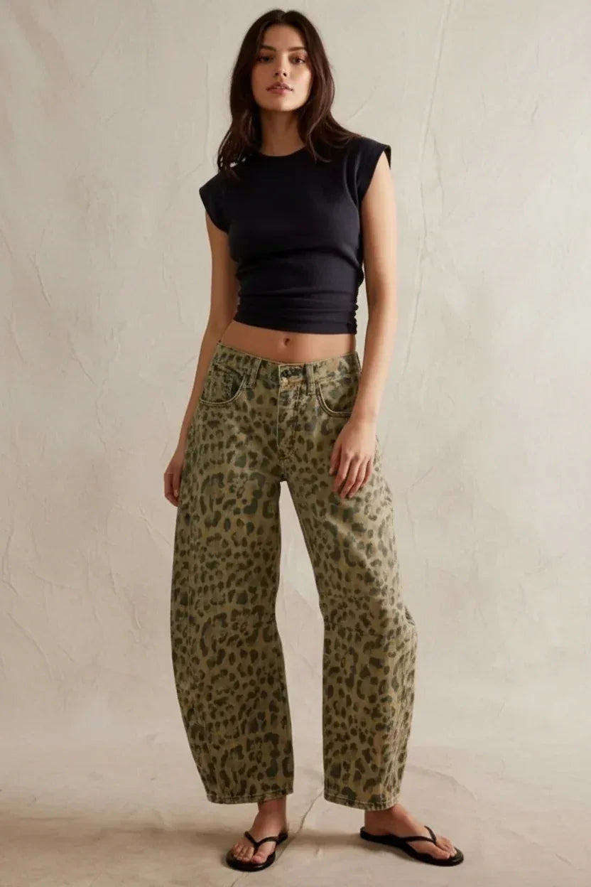 Olive green leopard print retro barrel jeans with elastic waistband