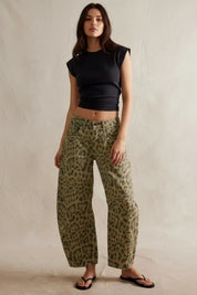 Olive green leopard print retro barrel jeans with elastic waistband