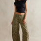 Olive green leopard print retro barrel jeans with elastic waistband