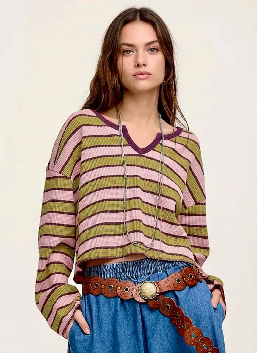 Daverri Fashions Striped Waffle Texture Notched Neck Long Sleeve Top
