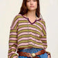 Daverri Fashions pink green striped v-neck waffle texture long sleeve top