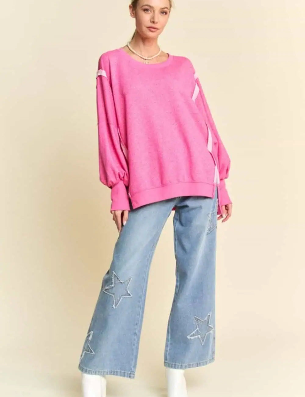 Davi & Dani Side Slit High-Low Lantern Sleeve Knit Top Tops