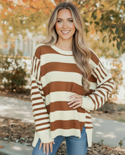 Brown and cream striped drop shoulder baggy sweater