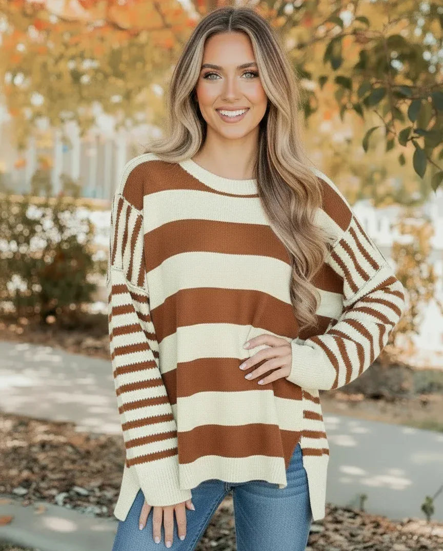 Daverri Fashions Striped Drop Shoulder Sleeve Patchwork Baggy Sweater - DAVERRI FASHIONS