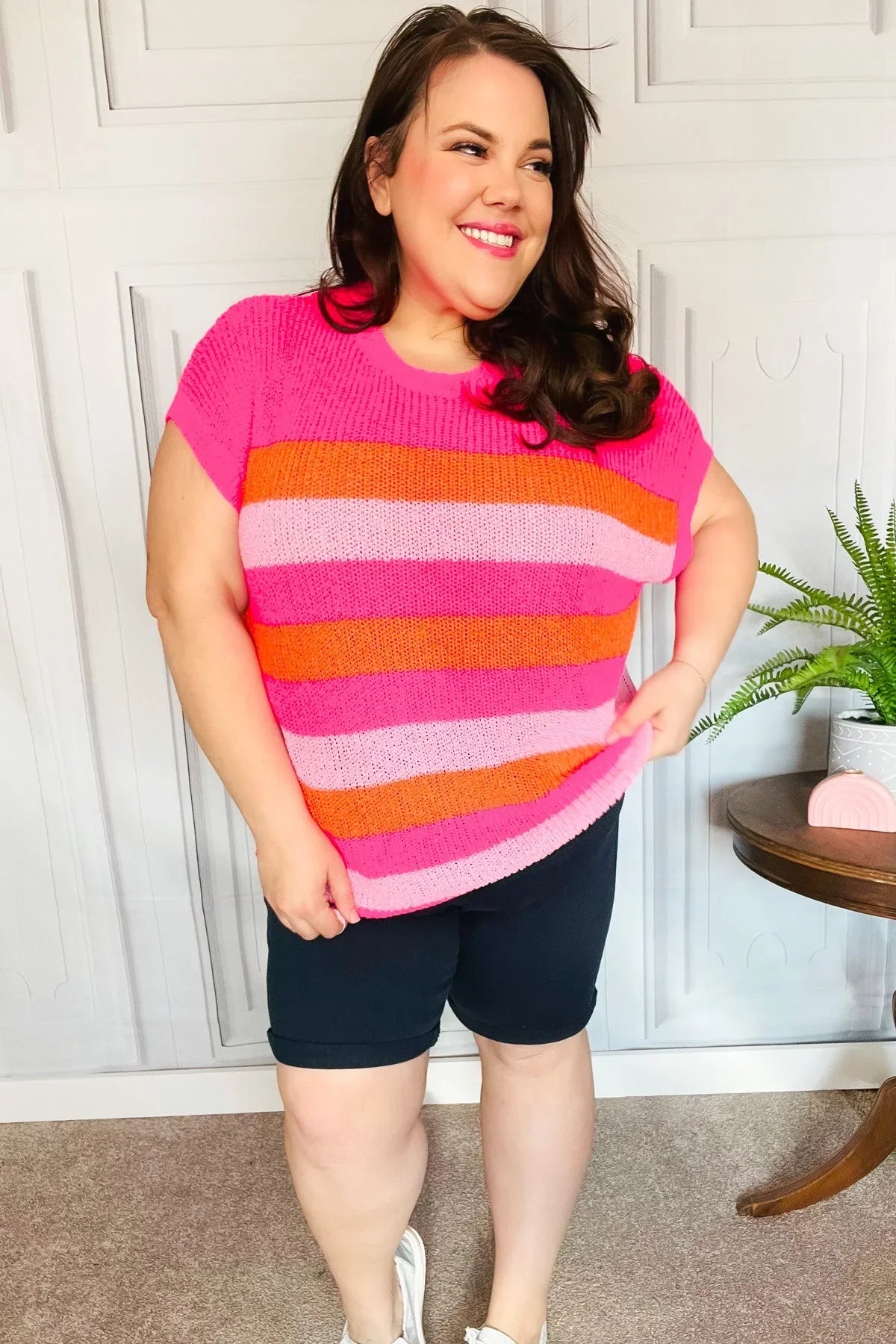 Feeling Bold Fuchsia & Orange Stripe Short Sleeve Dolman Sweater | Daverri Fashions