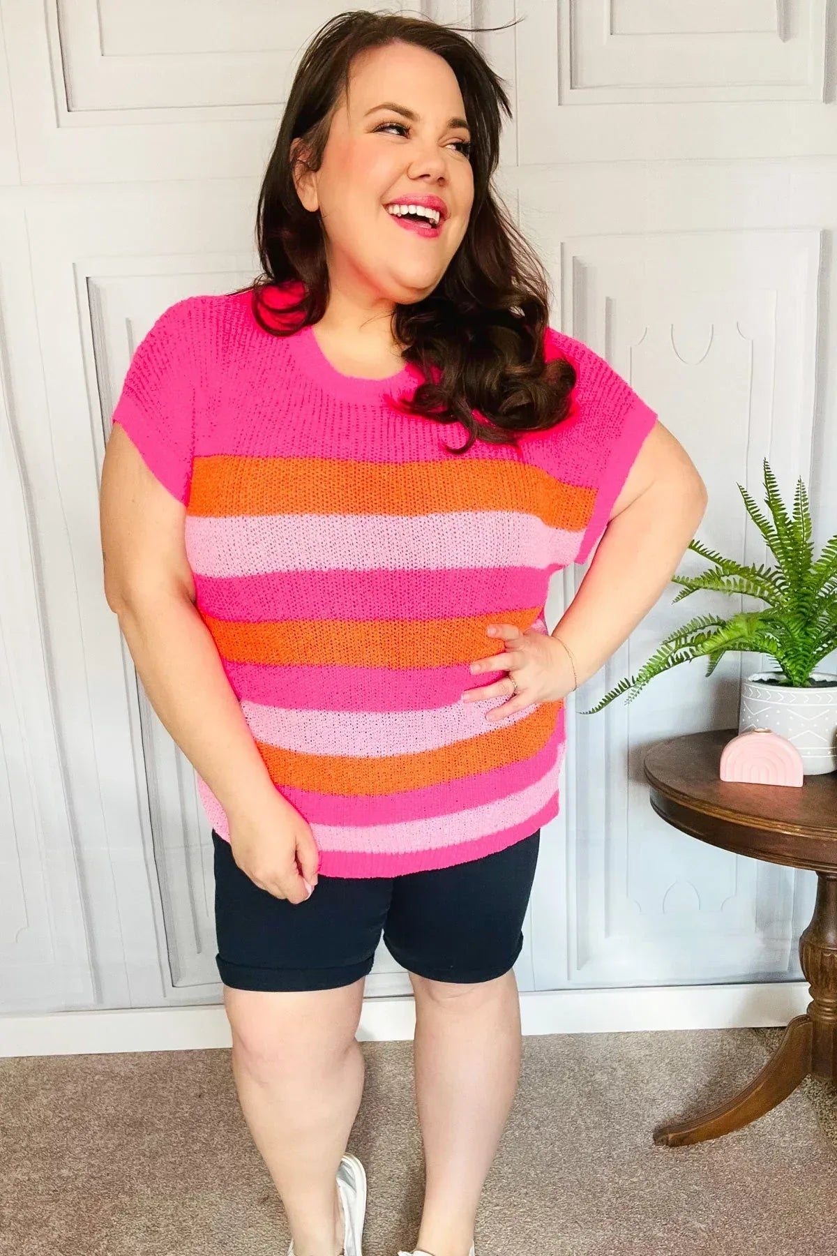 Feeling Bold Fuchsia & Orange Stripe Short Sleeve Dolman Sweater - DAVERRI FASHIONS