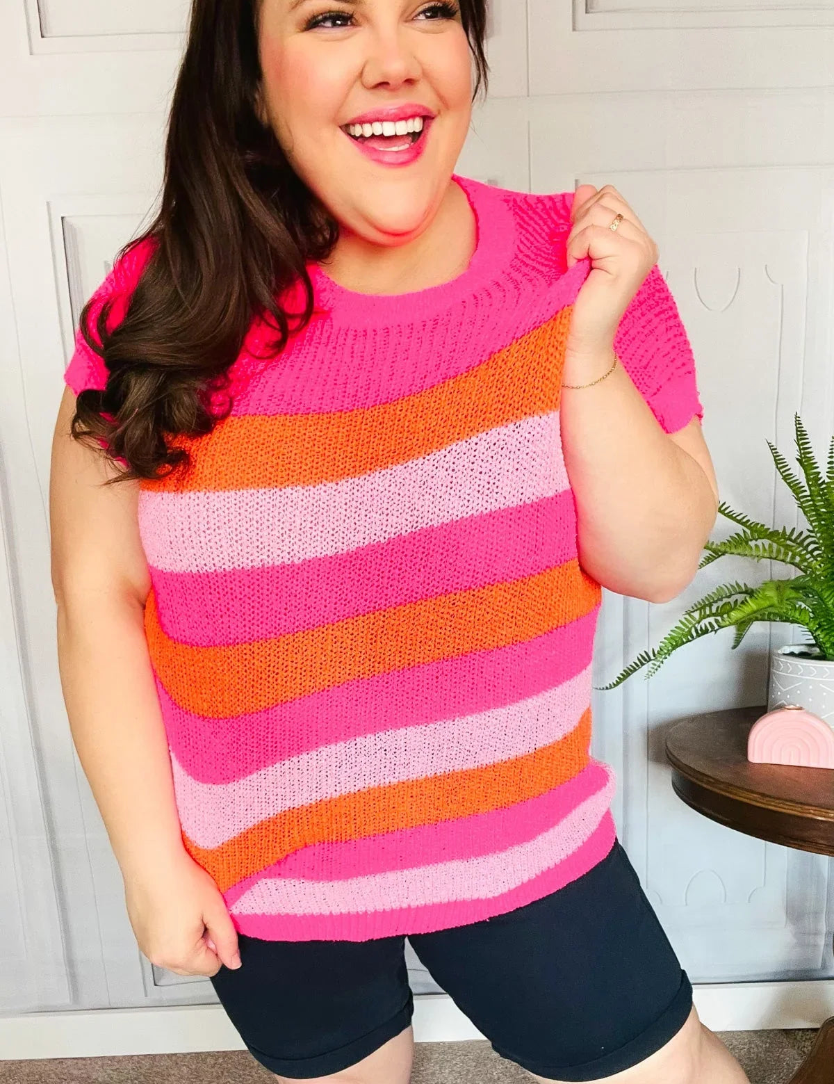 Feeling Bold Fuchsia & Orange Stripe Short Sleeve Dolman Sweater | Daverri Fashions