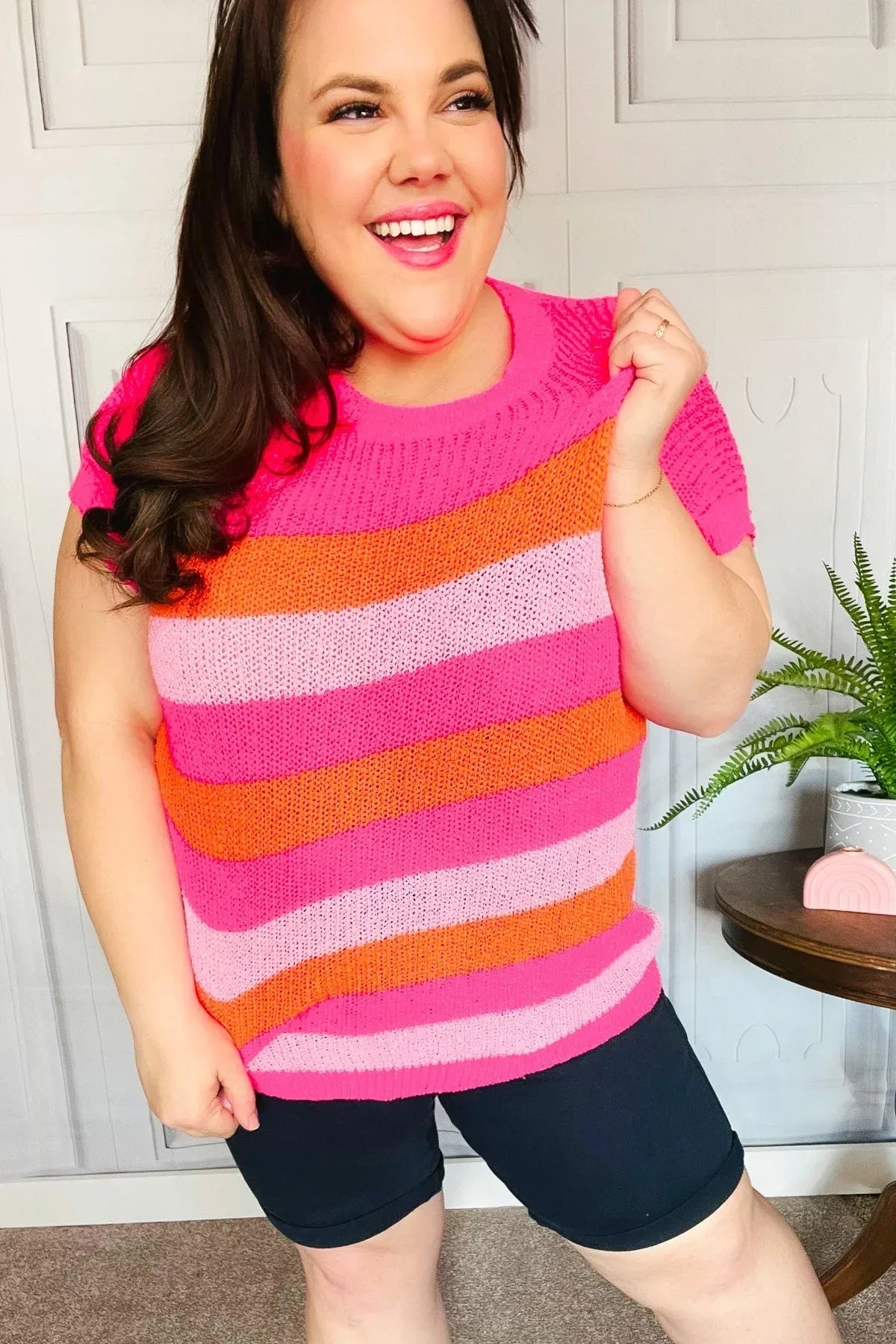 Feeling Bold Fuchsia & Orange Stripe Short Sleeve Dolman Sweater - DAVERRI FASHIONS
